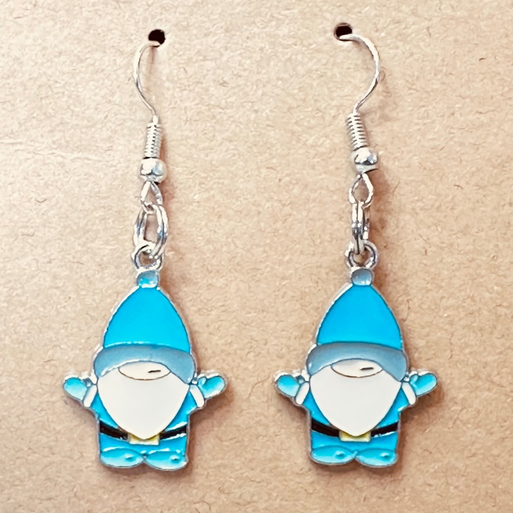 Handmade Santa Gnome Earrings Blue Enamel Christmas Stainless Steel Holiday